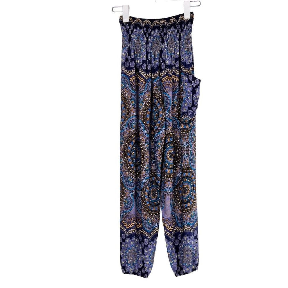 Joob Joob Boho Bohemian Blue Print Stretch Waist Lightweight Harem Pants S / M
